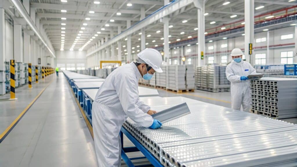 A visual guide with icons representing different quality checks for aluminum: visual inspection, spec verification, dimensional check, hardness test, chemical analysis.